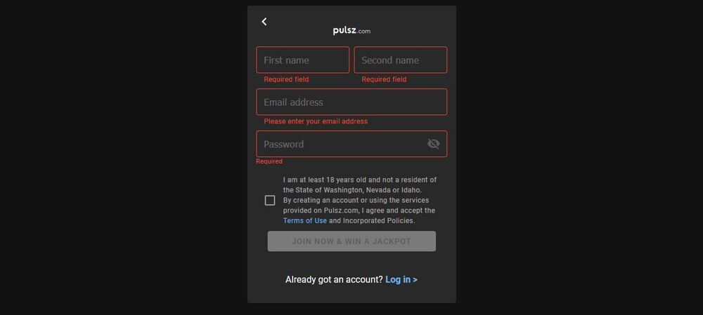 Registering at Pulsz Casino